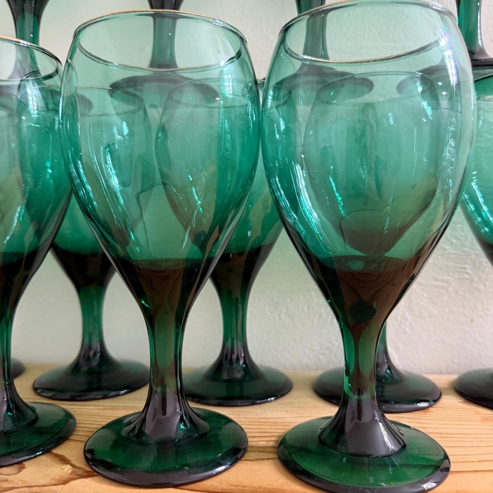 Vintage Libbey Juniper Green Teardrop Goblets Set‎ (15) with Gold Rims